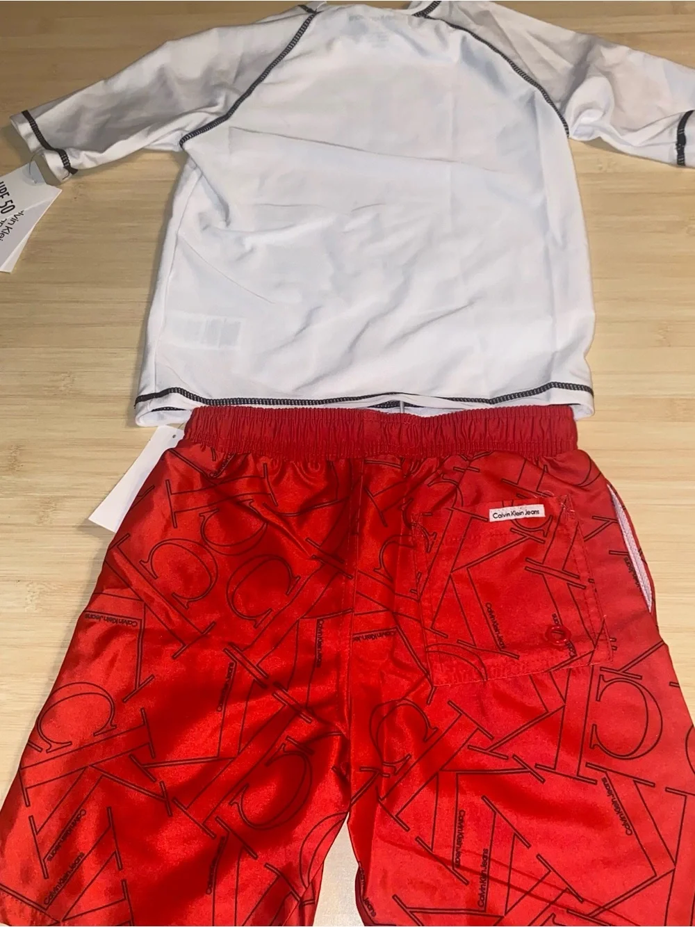 New Calvin Klein Boys Swim 2 piece Set Trunks Shirt Toddler Red White